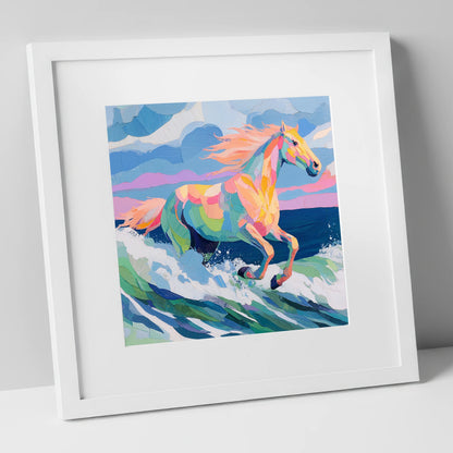 Technicolour Tide beach horse art print in white frame