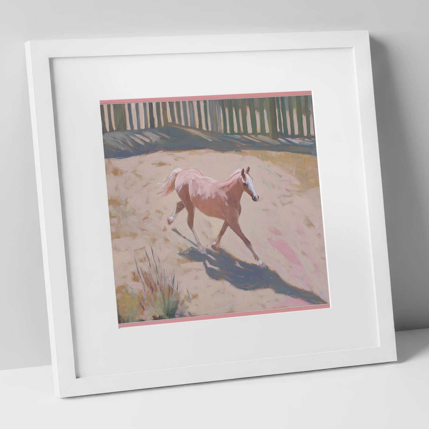 Sunlit Arena Stride horse breed art print in white frame