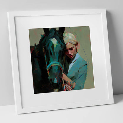 Silent Understanding horse & rider art print in white frame