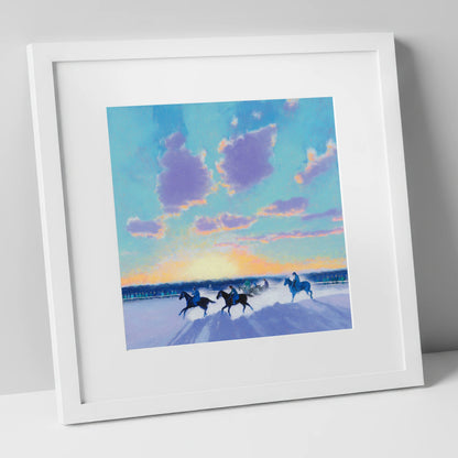 Winter Polo Dawn polo horse art print in white frame