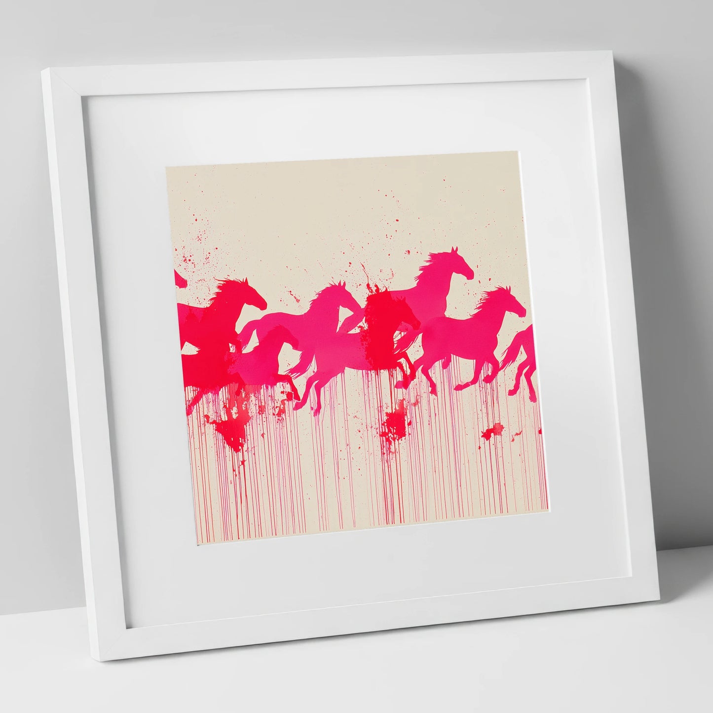 Vivid Magenta Herd wild horses art print in white frame