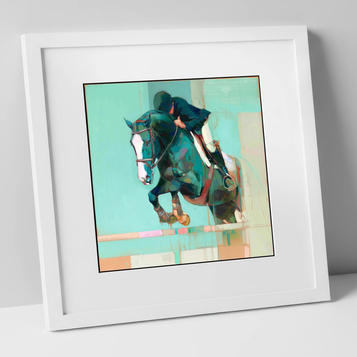 Suspended in Teal show jumping horse art print in white frame