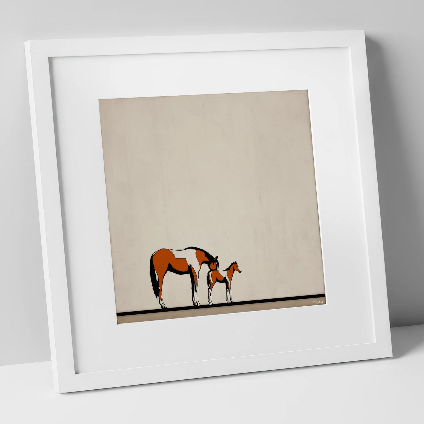 Quiet Moments mare & foal art print in white frame