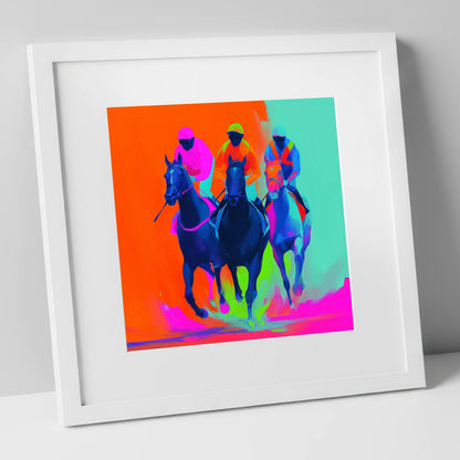 Neon Final Furlong racing horse art print in white frame