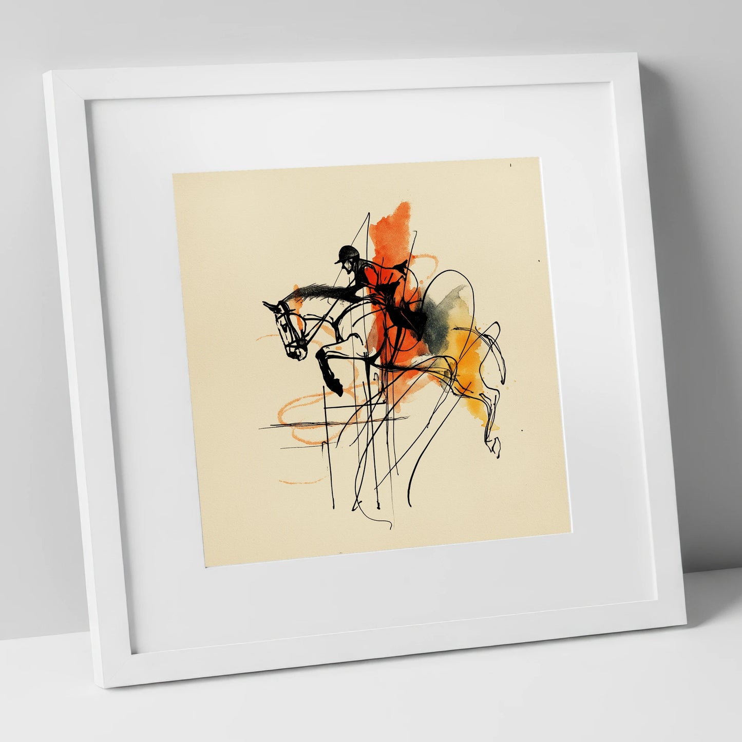 Fluidity in Flight show jumping horse art print in white frame