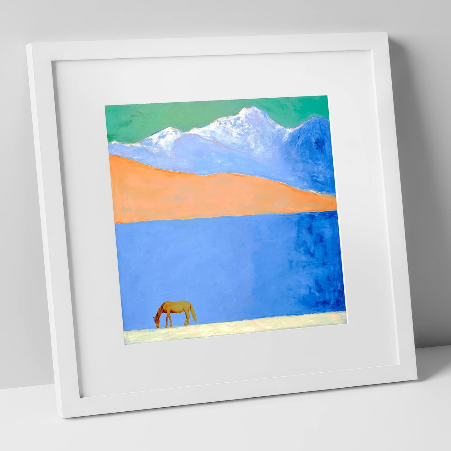 Alpine Solitude horse landscape art print in white frame