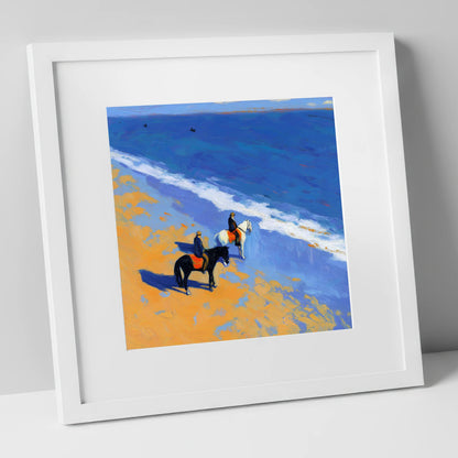 Sunlit Coastal Hack horse landscape art print in white frame
