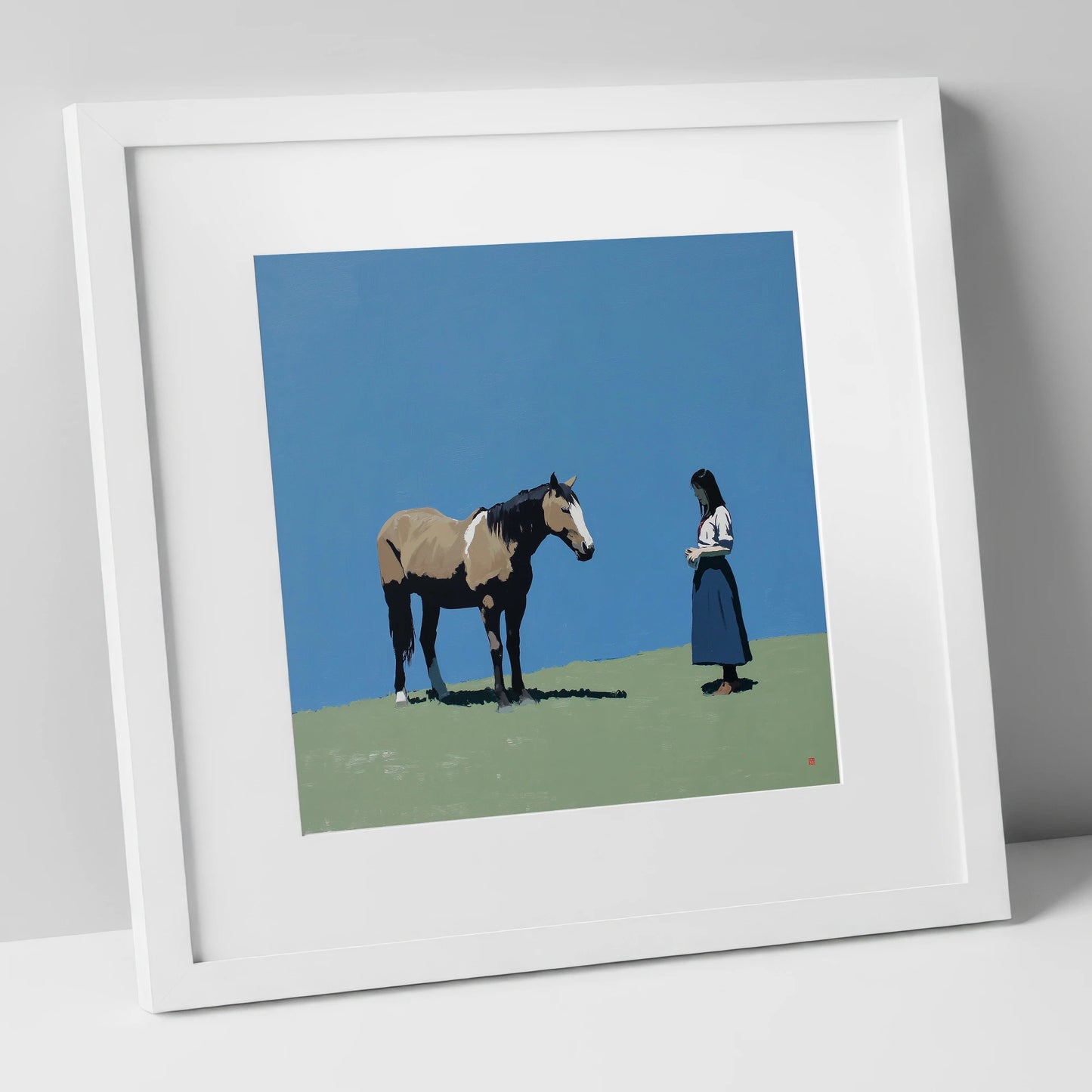 Silent Understanding horse & rider art print in white frame