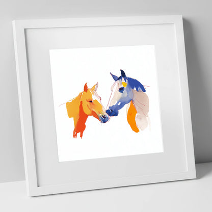 Vibrant Equine Bond horse portrait art print in white frame
