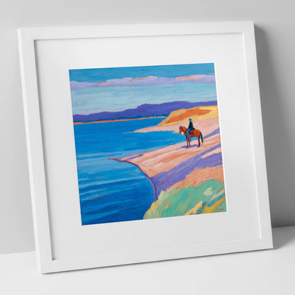 Edge of the Azure beach horse art print in white frame