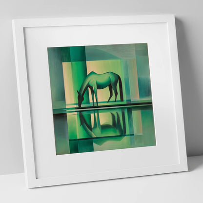 Verdant Reflection horse portrait art print in white frame