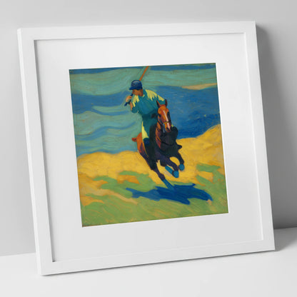 Vivid Polo Strike polo horse art print in white frame