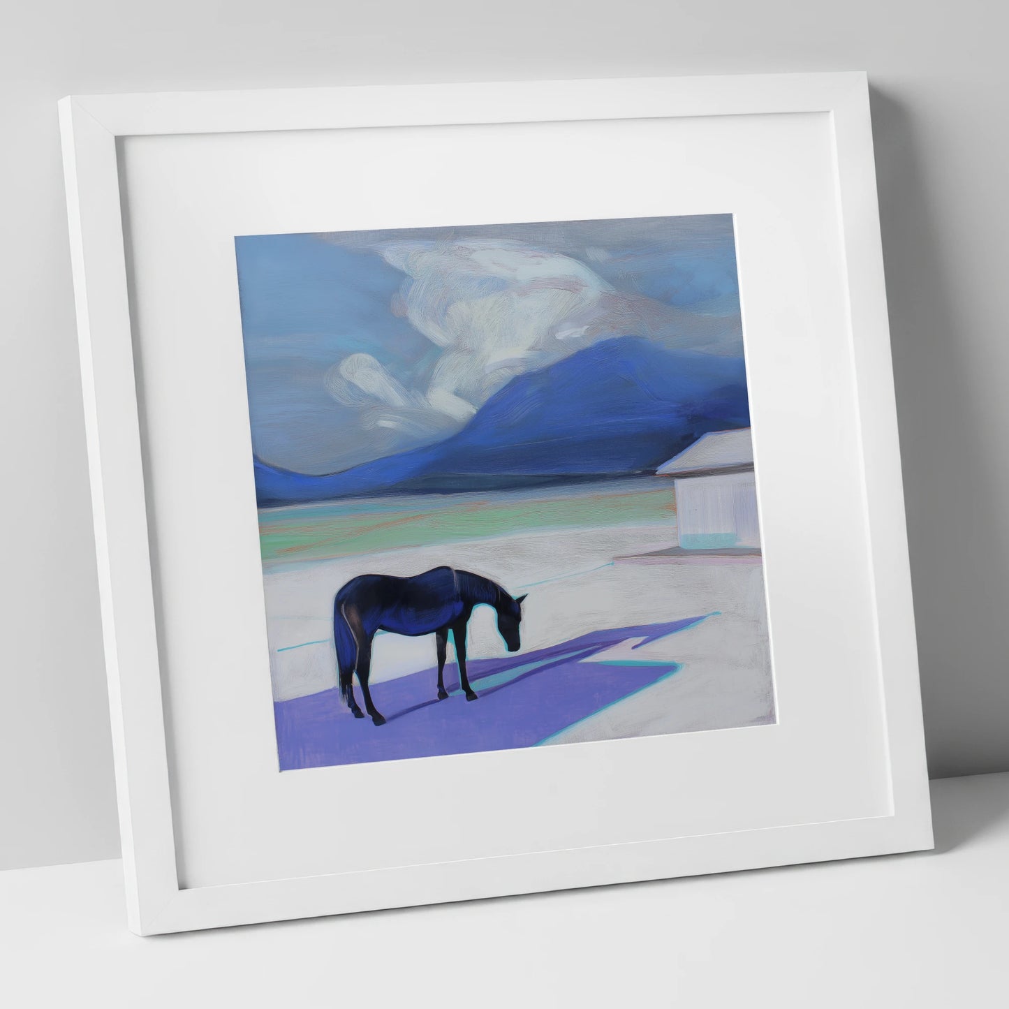 Lavender Shadows horse landscape art print in white frame