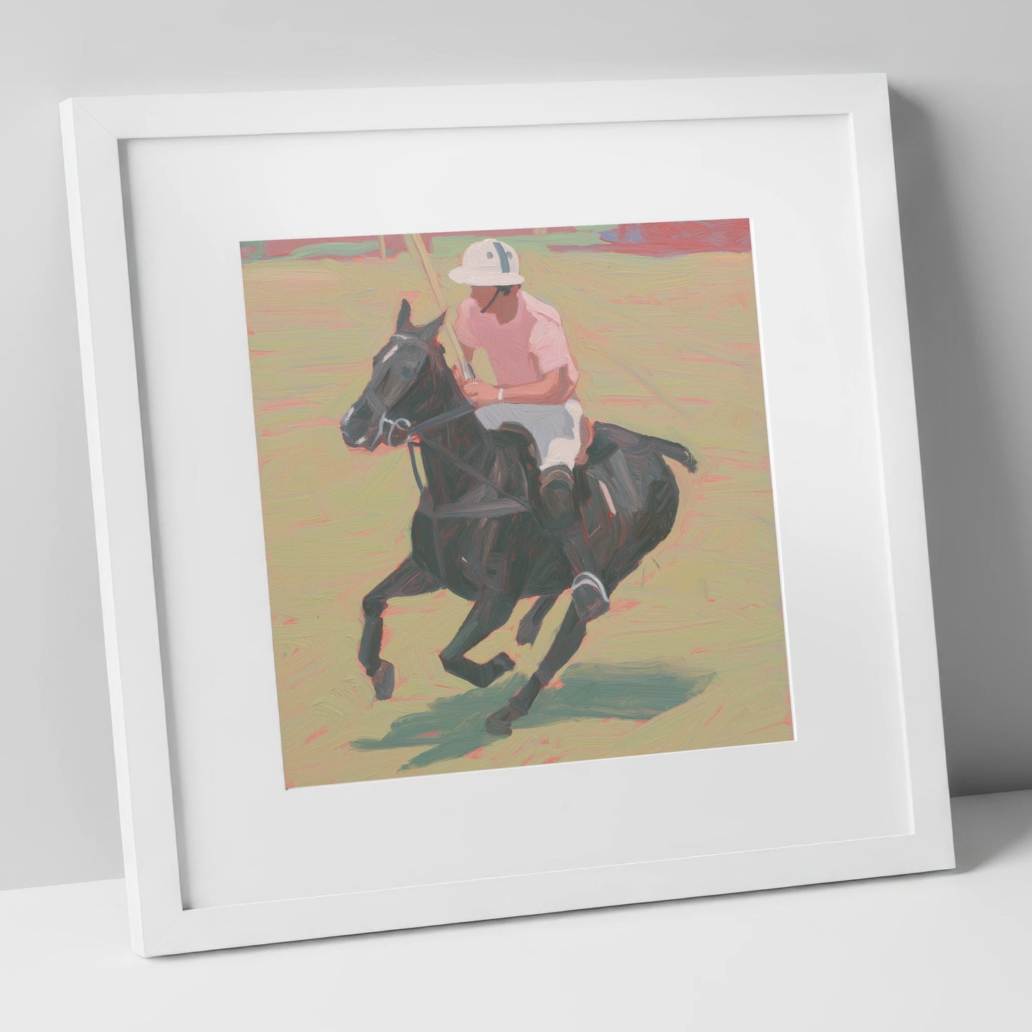 The Pink Chukka polo horse art print in white frame
