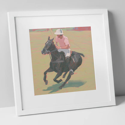 The Pink Chukka polo horse art print in white frame