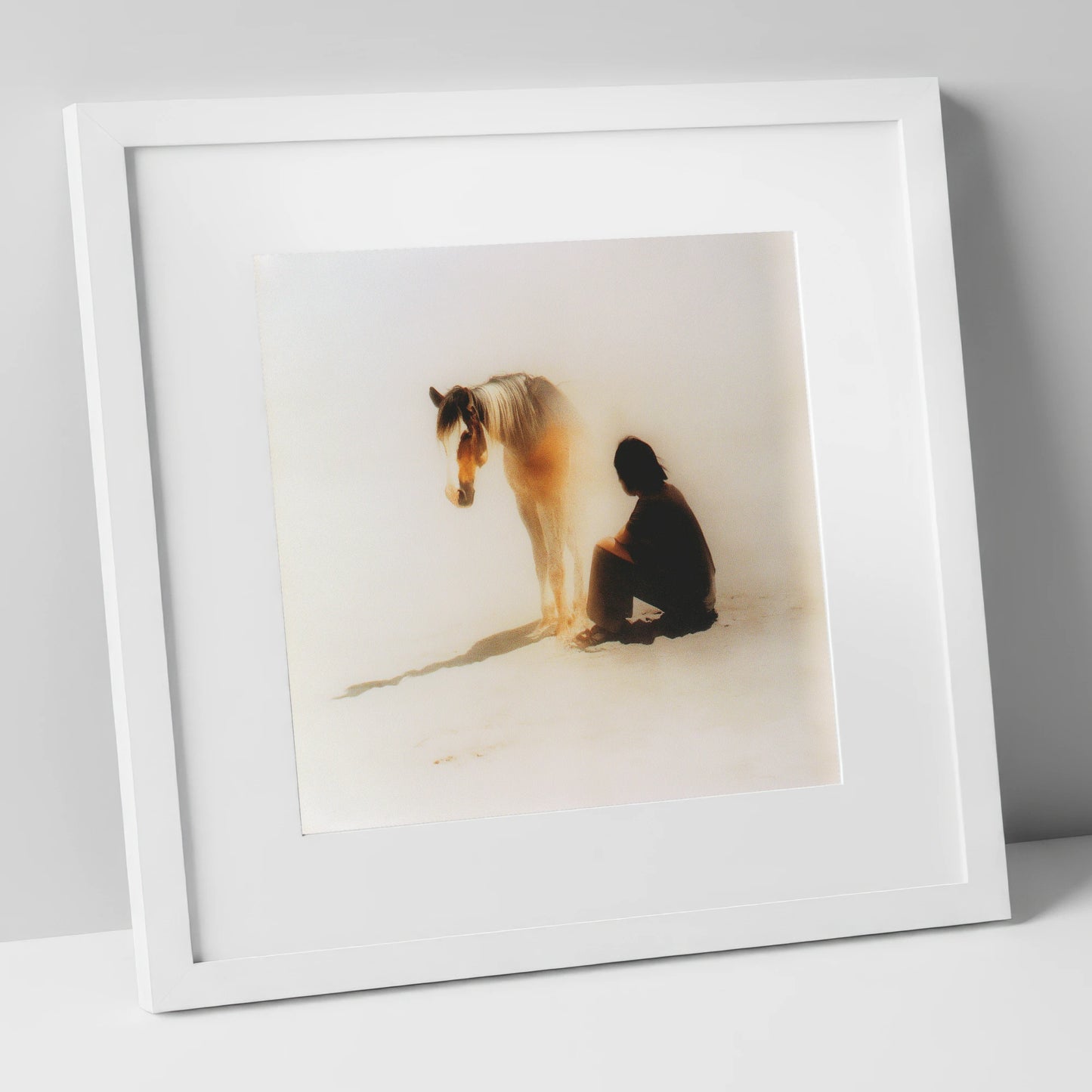 Quiet Presence horse & rider art print in white frame
