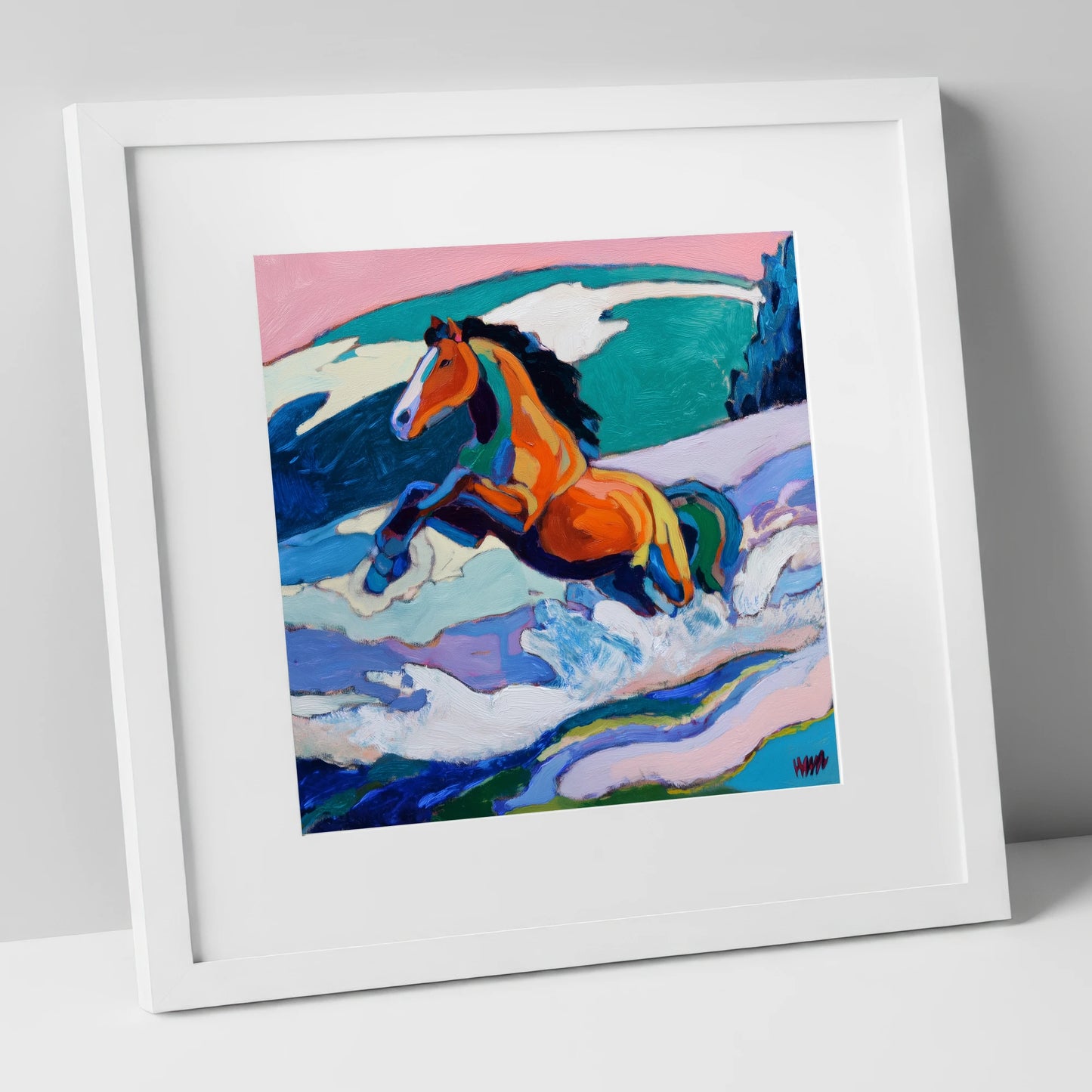 Vivid Coastal Leap beach horse art print in white frame