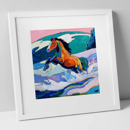 Vivid Coastal Leap beach horse art print in white frame
