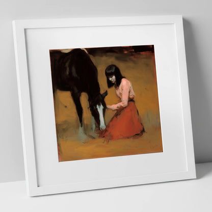 Quiet Communion horse & rider art print in white frame