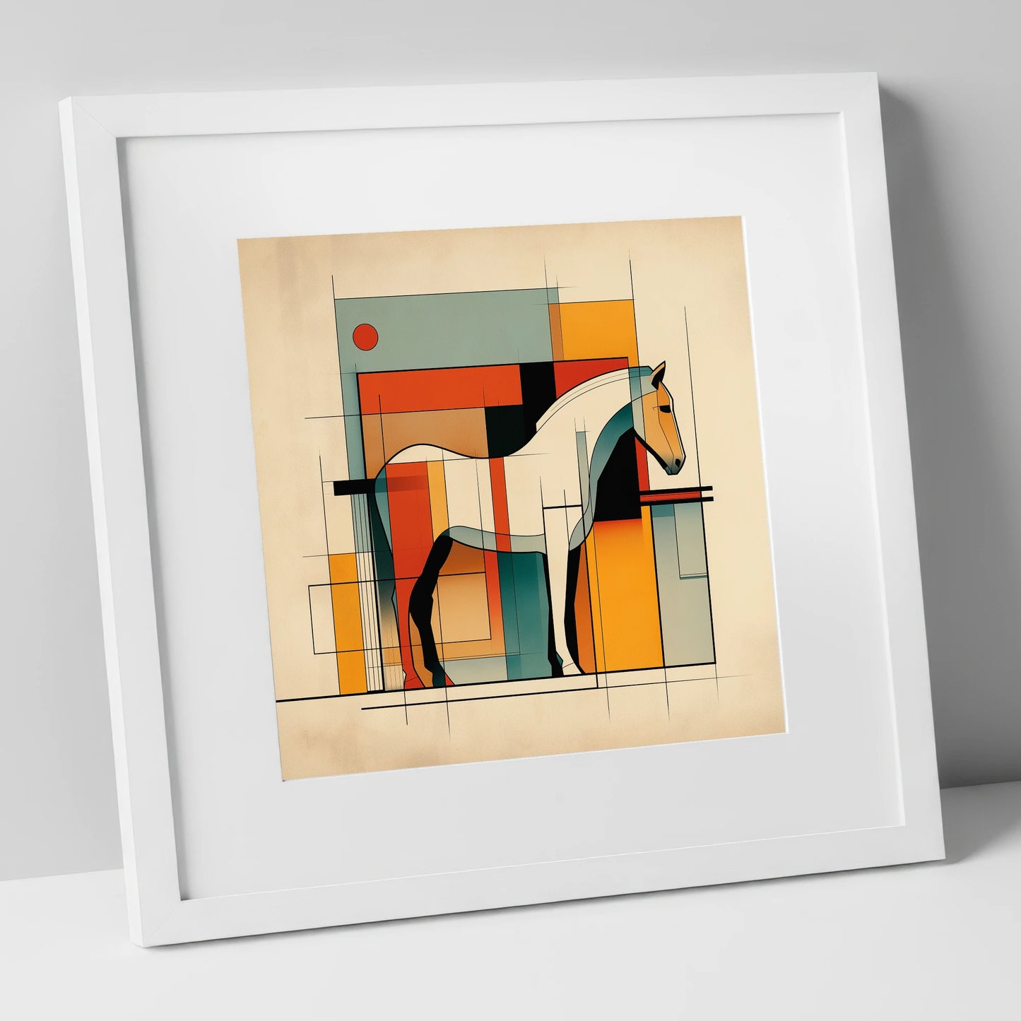 Modernist Equine Profile horse stable art print in white frame