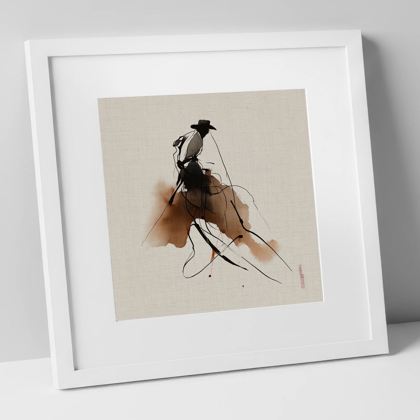 The Sepia Rider western horse art print in white frame