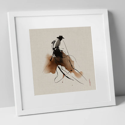 The Sepia Rider western horse art print in white frame