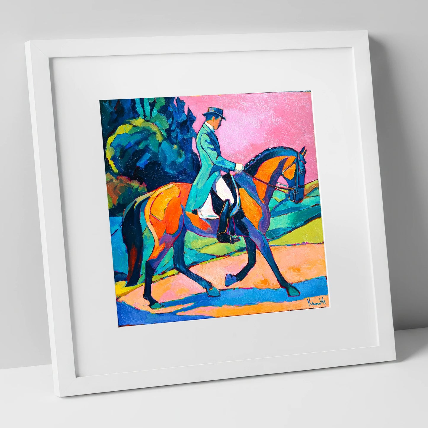 Bold Dressage Harmony dressage horse art print in white frame