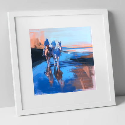 Shoreline Companions horse landscape art print in white frame