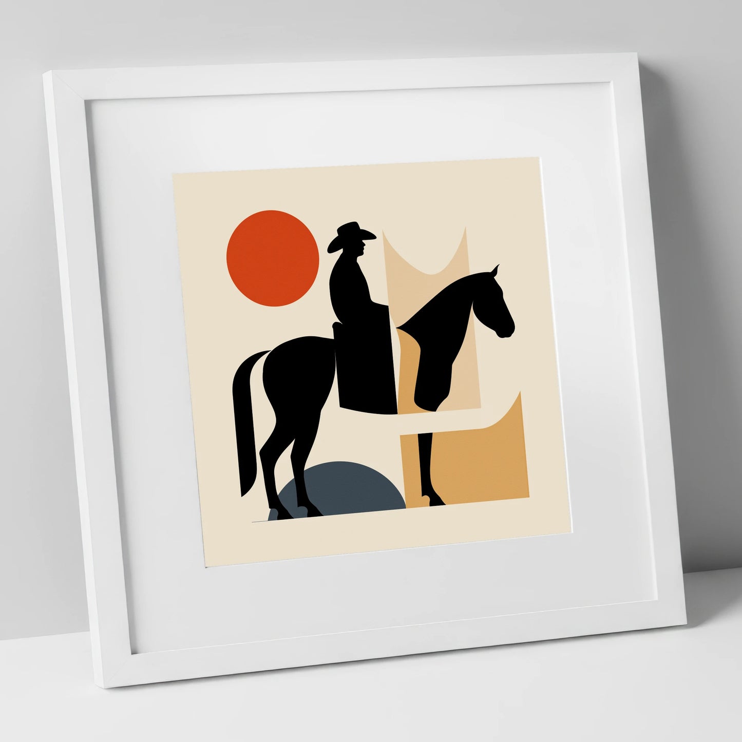 Abstract Western Silhouette western horse art print in white frame