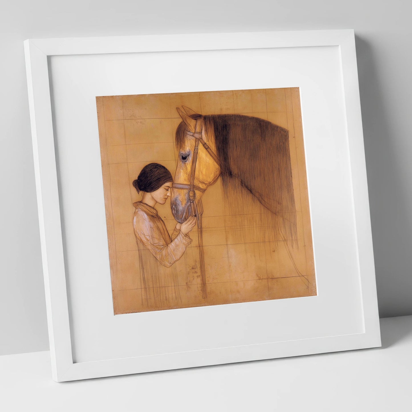 The Silent Bond horse & rider art print in white frame