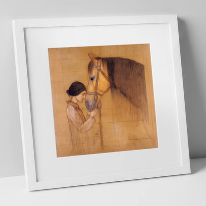 The Silent Bond horse & rider art print in white frame