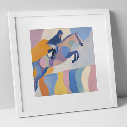 Pastel Abstract Leap show jumping horse art print in white frame