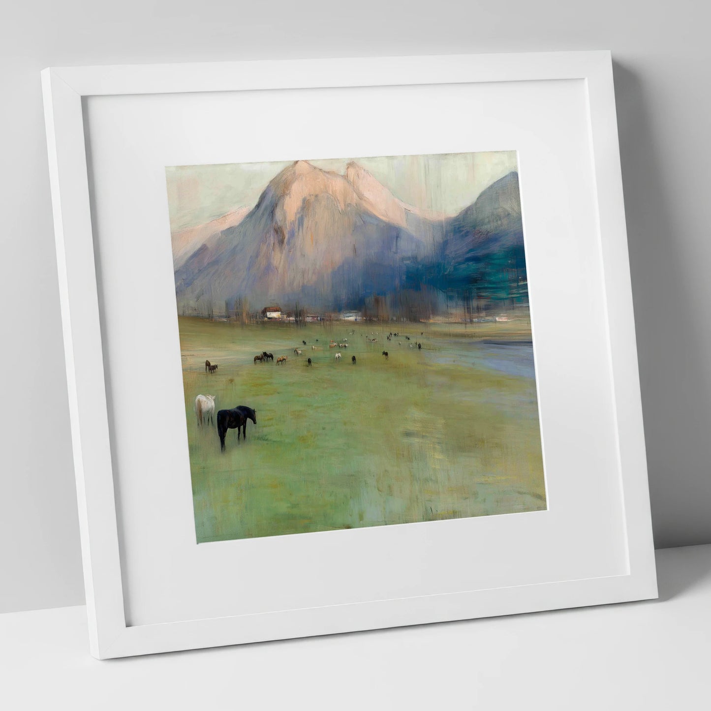 Alpine Grazing horse landscape art print in white frame