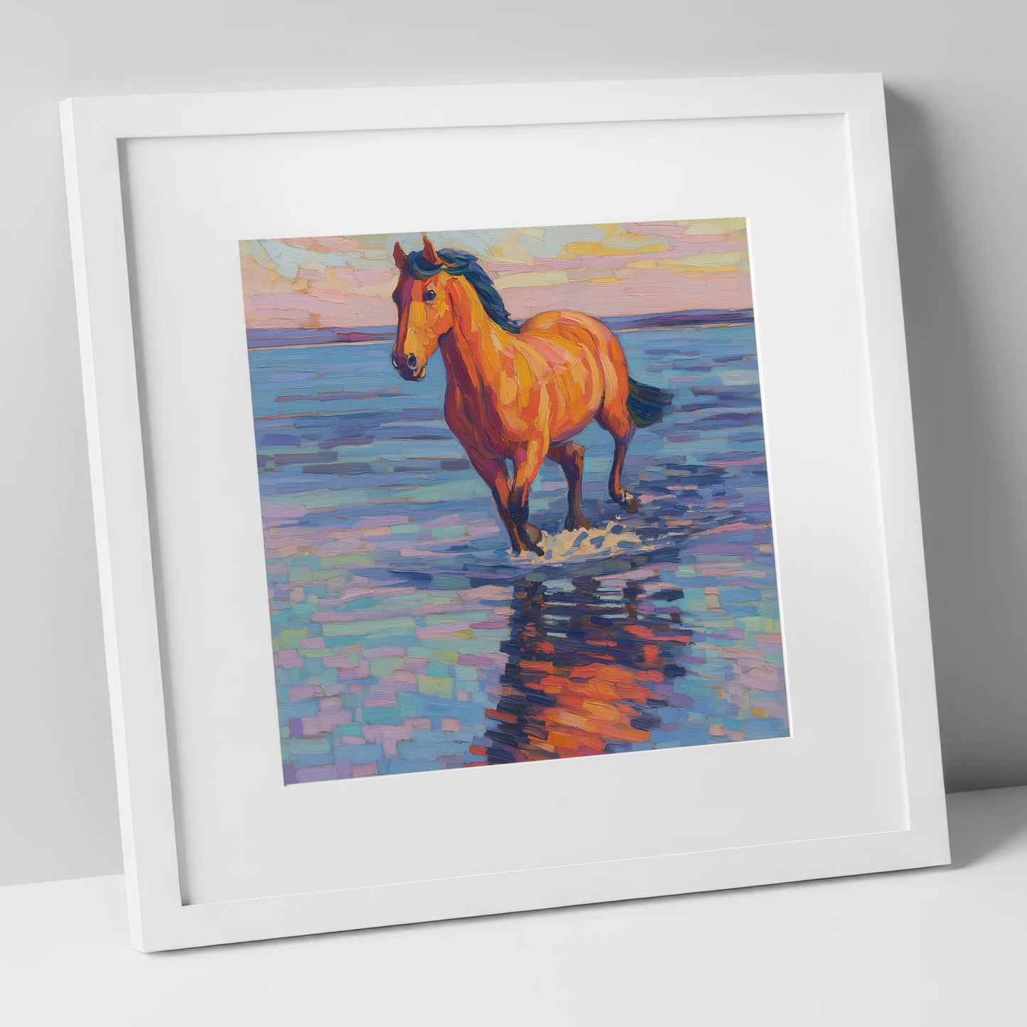 Sunset Shallows Stride beach horse art print in white frame
