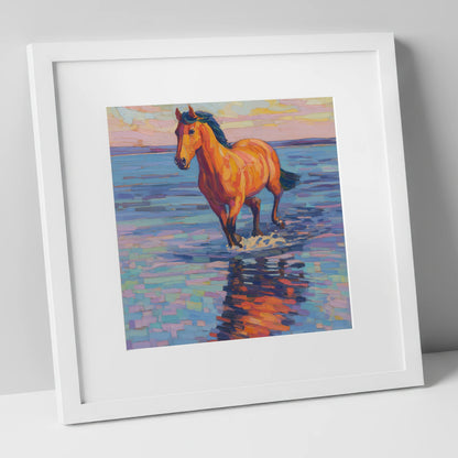 Sunset Shallows Stride beach horse art print in white frame