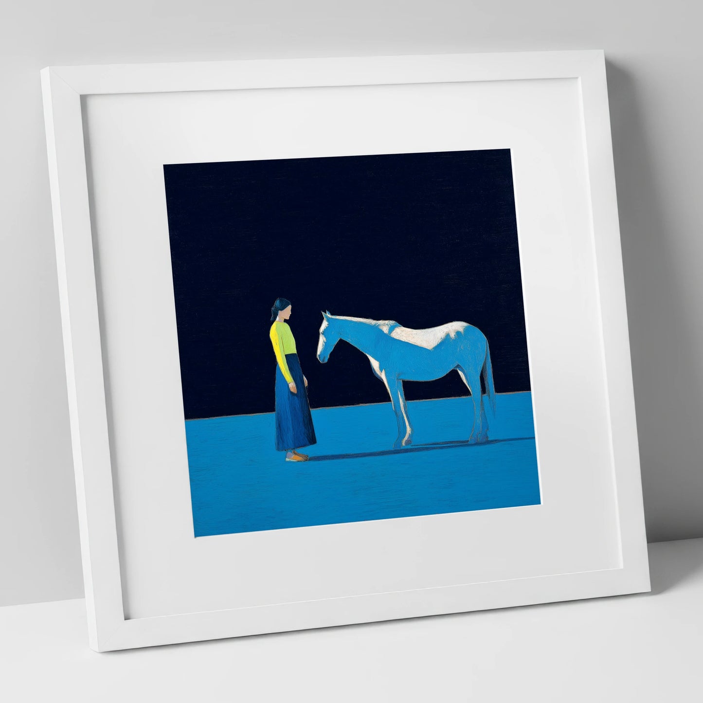 A Quiet Connection horse & rider art print in white frame