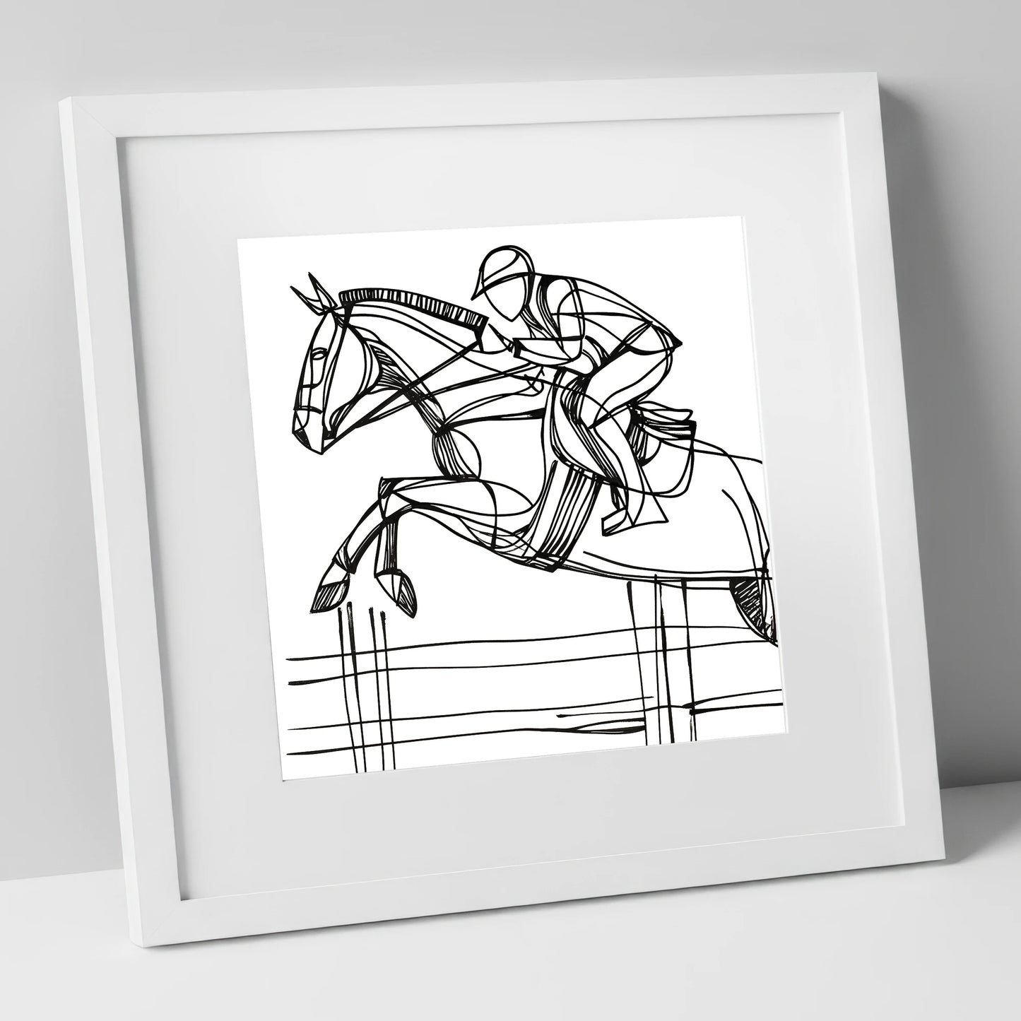 The Perfect Arc show jumping horse art print in white frame