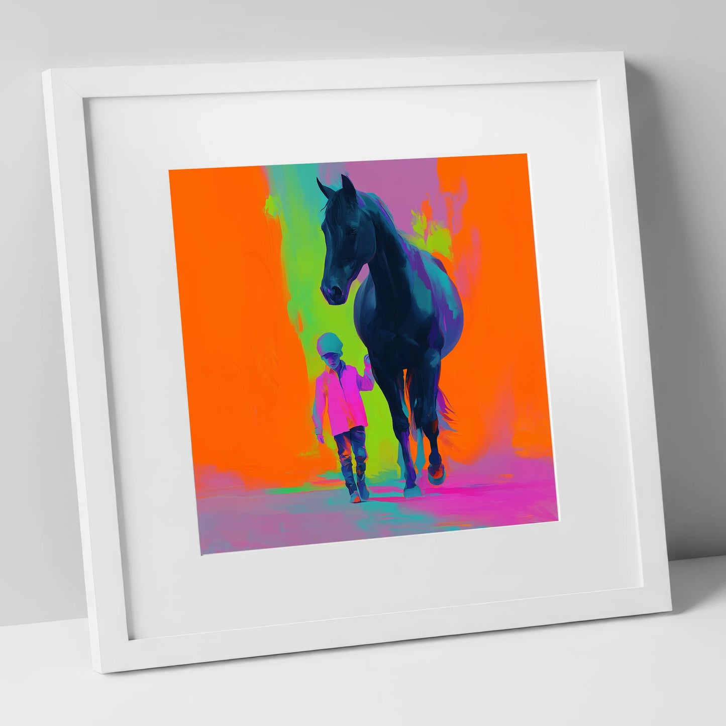 The Brightest Bond horse & rider art print in white frame