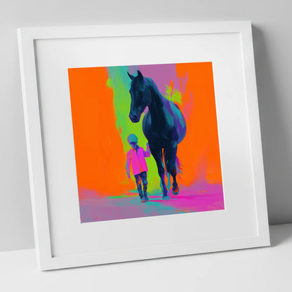 The Brightest Bond horse & rider art print in white frame