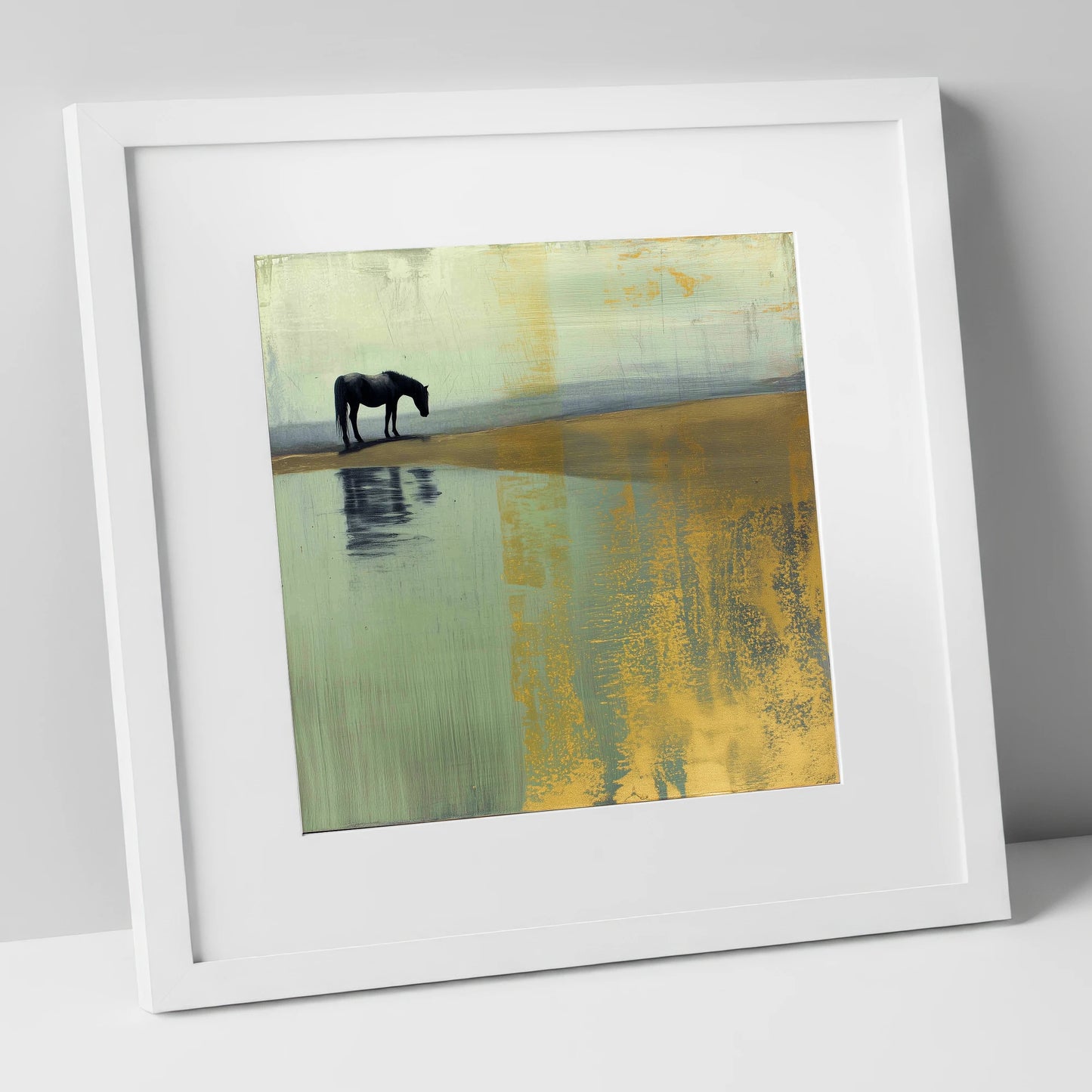 Gilded Solitude horse landscape art print in white frame