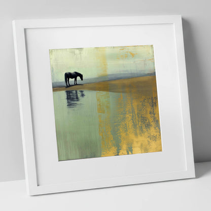 Gilded Solitude horse landscape art print in white frame