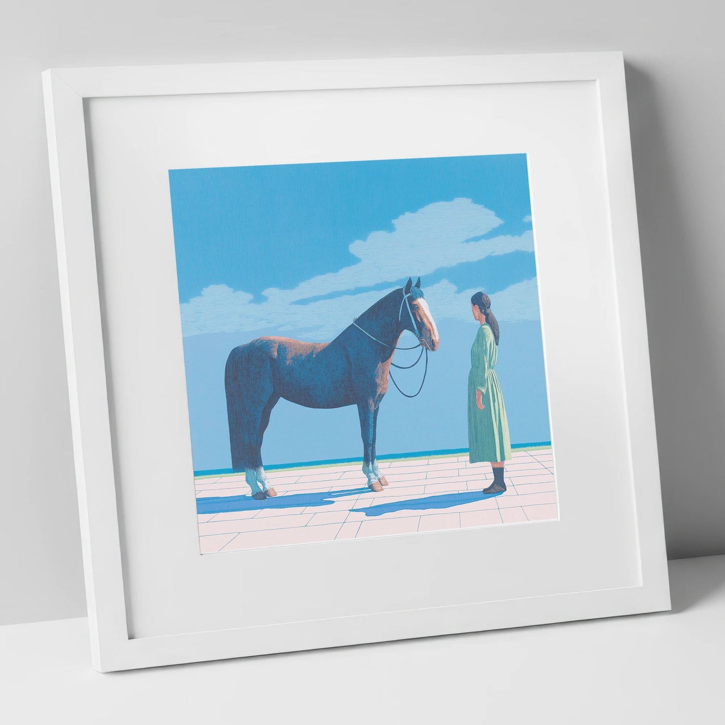 The Quiet Bond horse & rider art print in white frame
