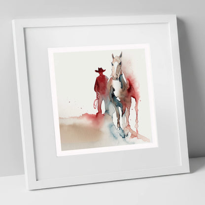 Crimson Trail Companion western horse art print in white frame