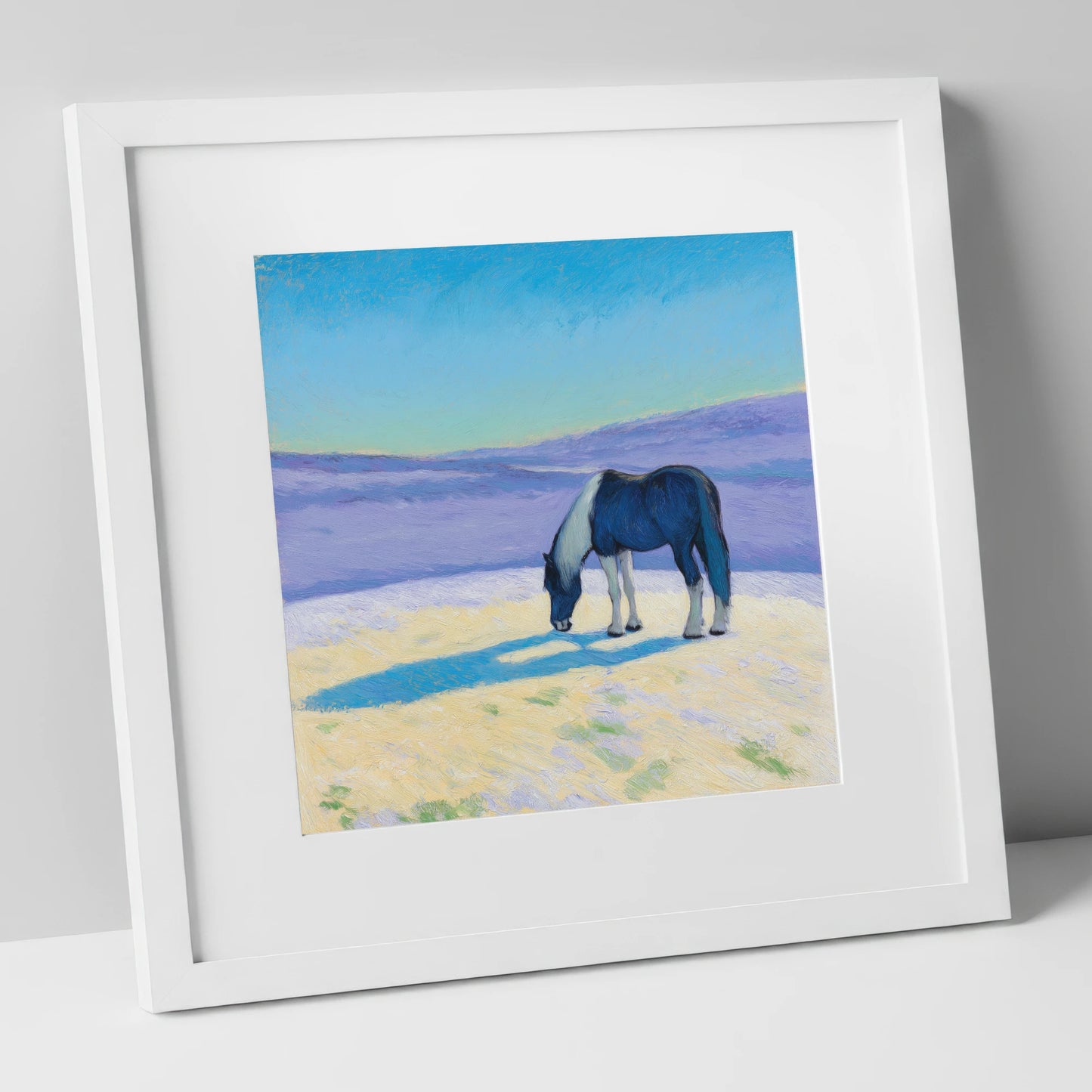 Indigo Shadow Grazing working horse art print in white frame