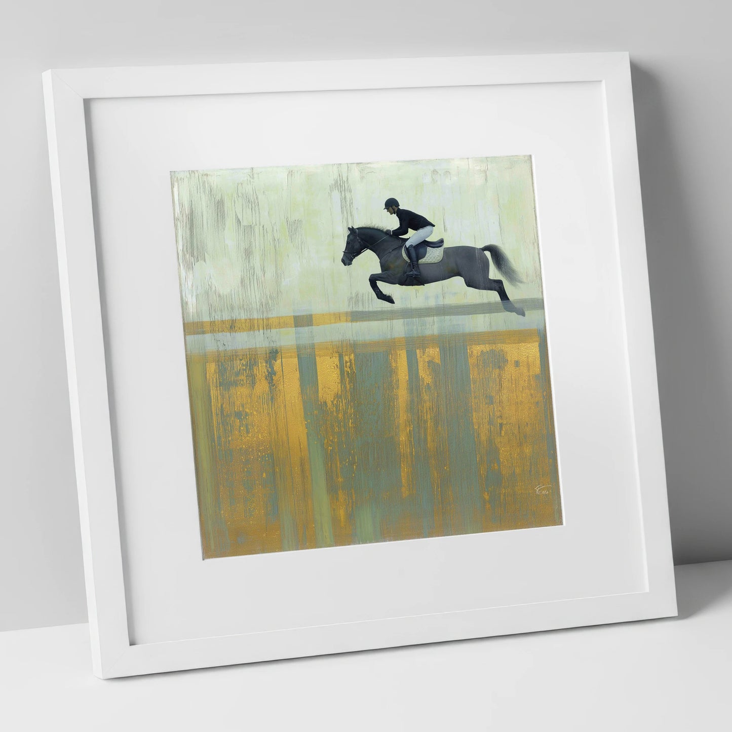 Flight Over Gold show jumping horse art print in white frame