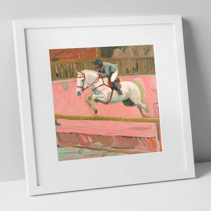 Flight in Dusty Pink show jumping horse art print in white frame