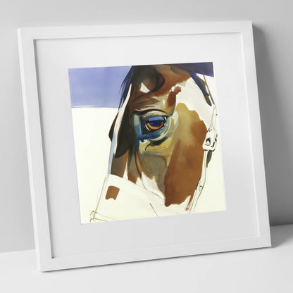 The Indigo Gaze horse portrait art print in white frame