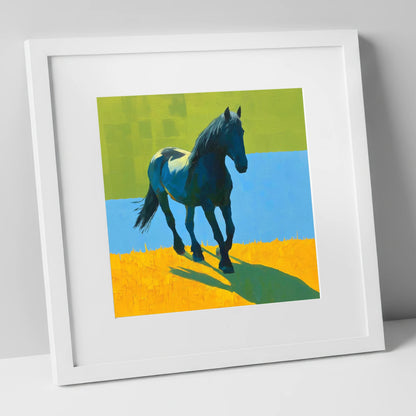 Indigo Cob in Summer Light horse breed art print in white frame