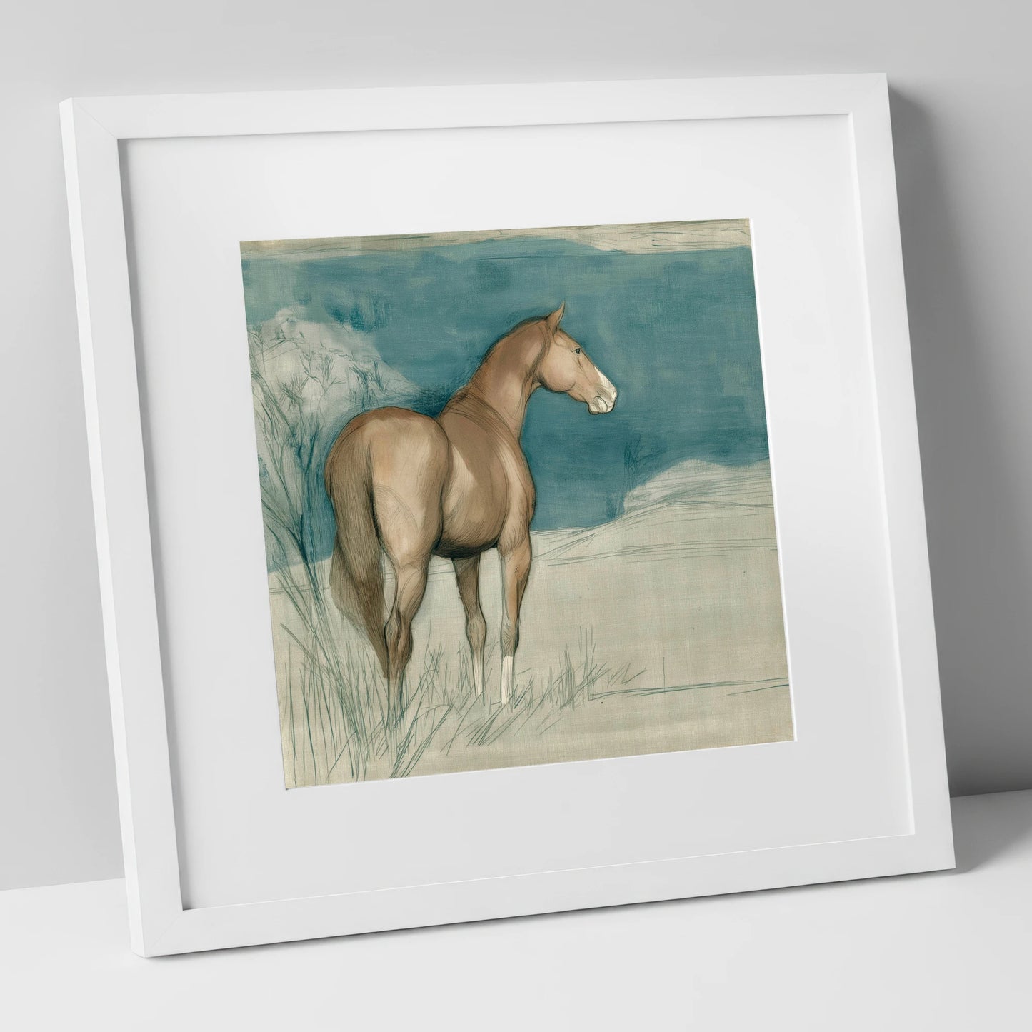 The Quiet Glance horse portrait art print in white frame