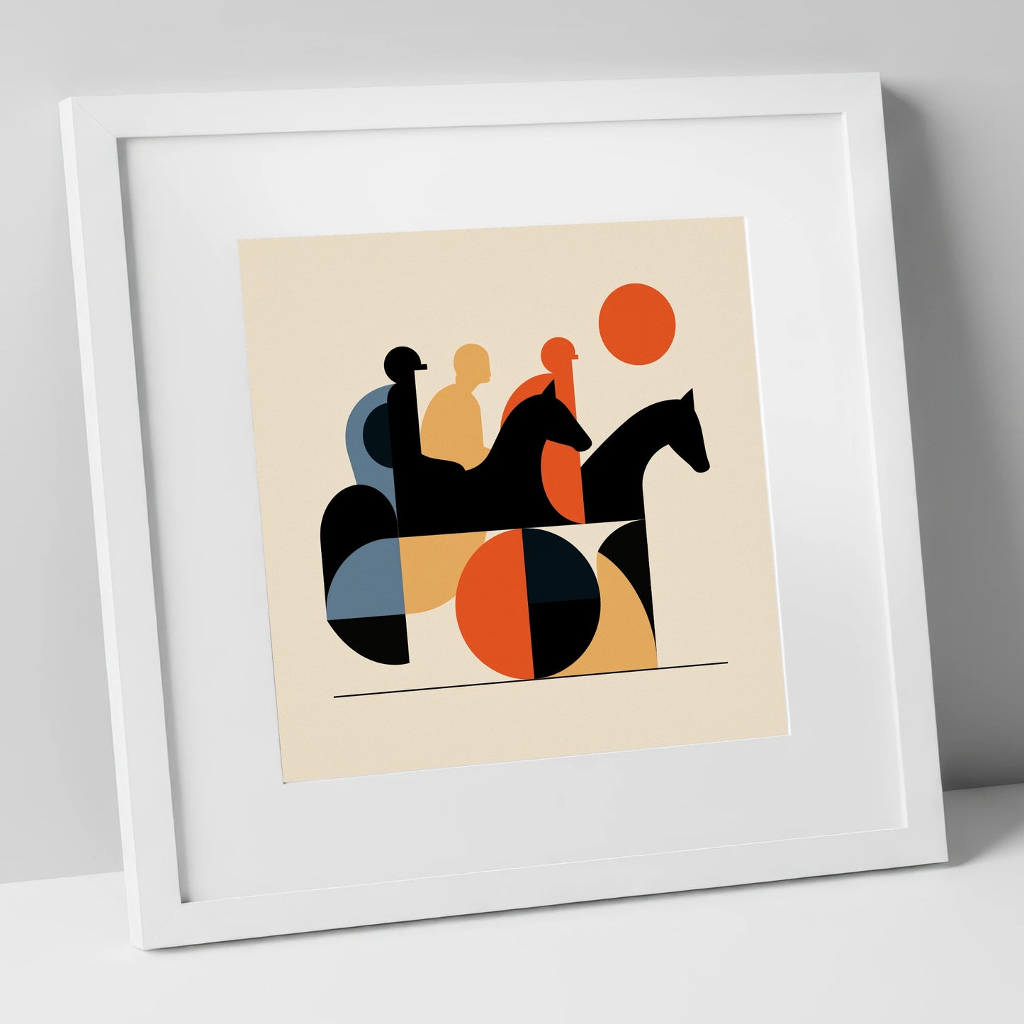 Retro Turf Pursuit racing horse art print in white frame